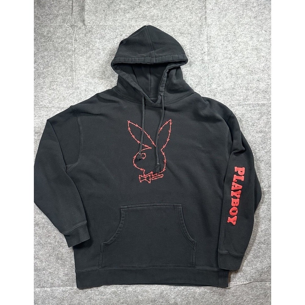 Playboy Hoodie Mens Size XL Black Barbed Wire Bunny Pullover Sweatshirt